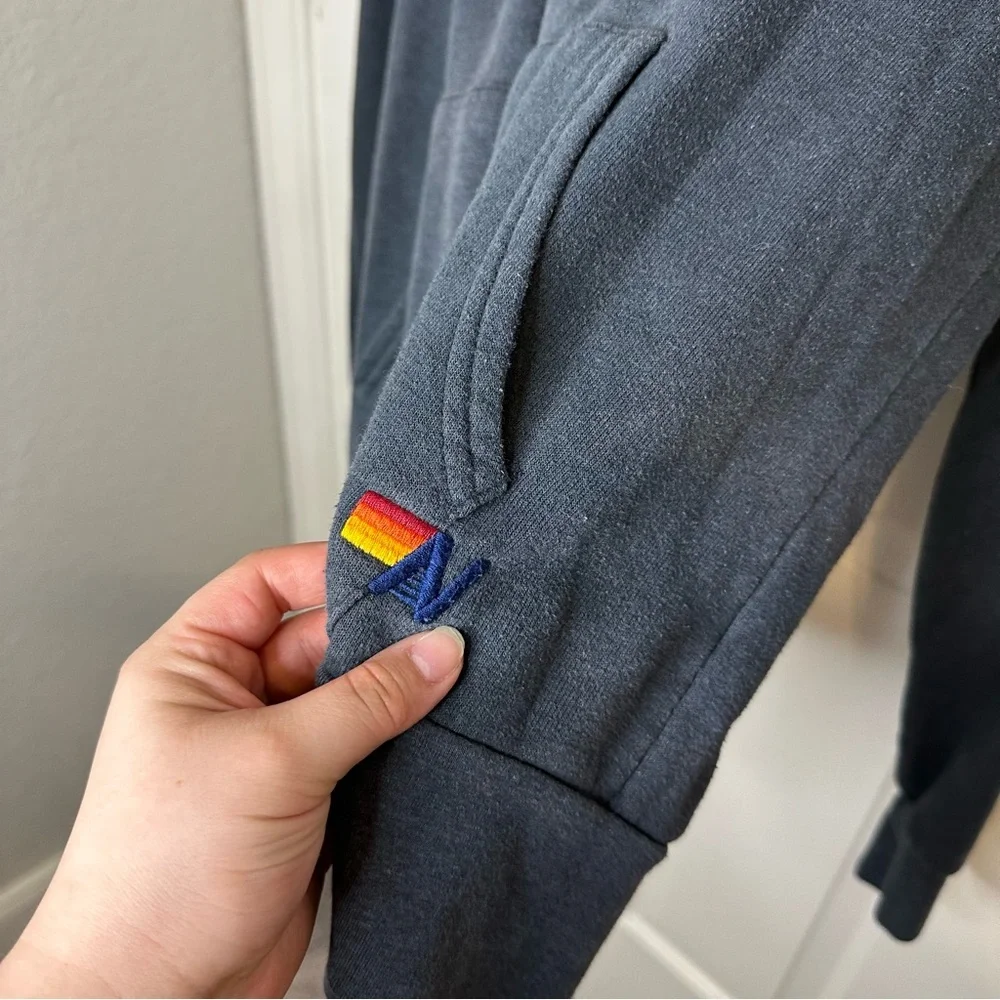 Avaiator Nation Navy Blue 5 Stripe Hoodie Sz M *Flawed* Surfer Indie Skater Cozy - Picture 6 of 10